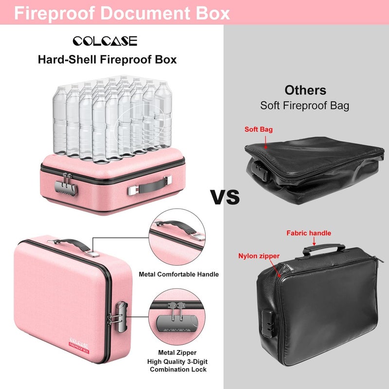 COLCASE Hard Case Organizer Box with Lock, Hard-Shell Design, Fireproof, Water Resistant for Important Documents, Certificates, Laptop, Passports, Pink - Image 3